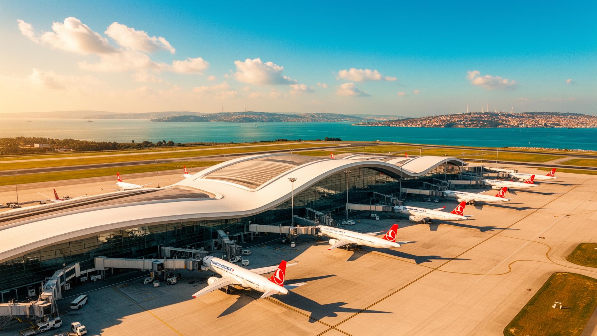 Aerial view of Istanbul Airport terminals and runways at sunset