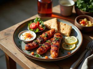 A plate with three grilled kebabs , lemon slices, pita bread, a small salad and a sauce on a wooden table
