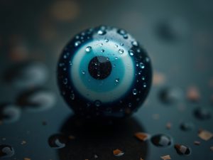 A blue evil eye with water drops on a dark wet surface